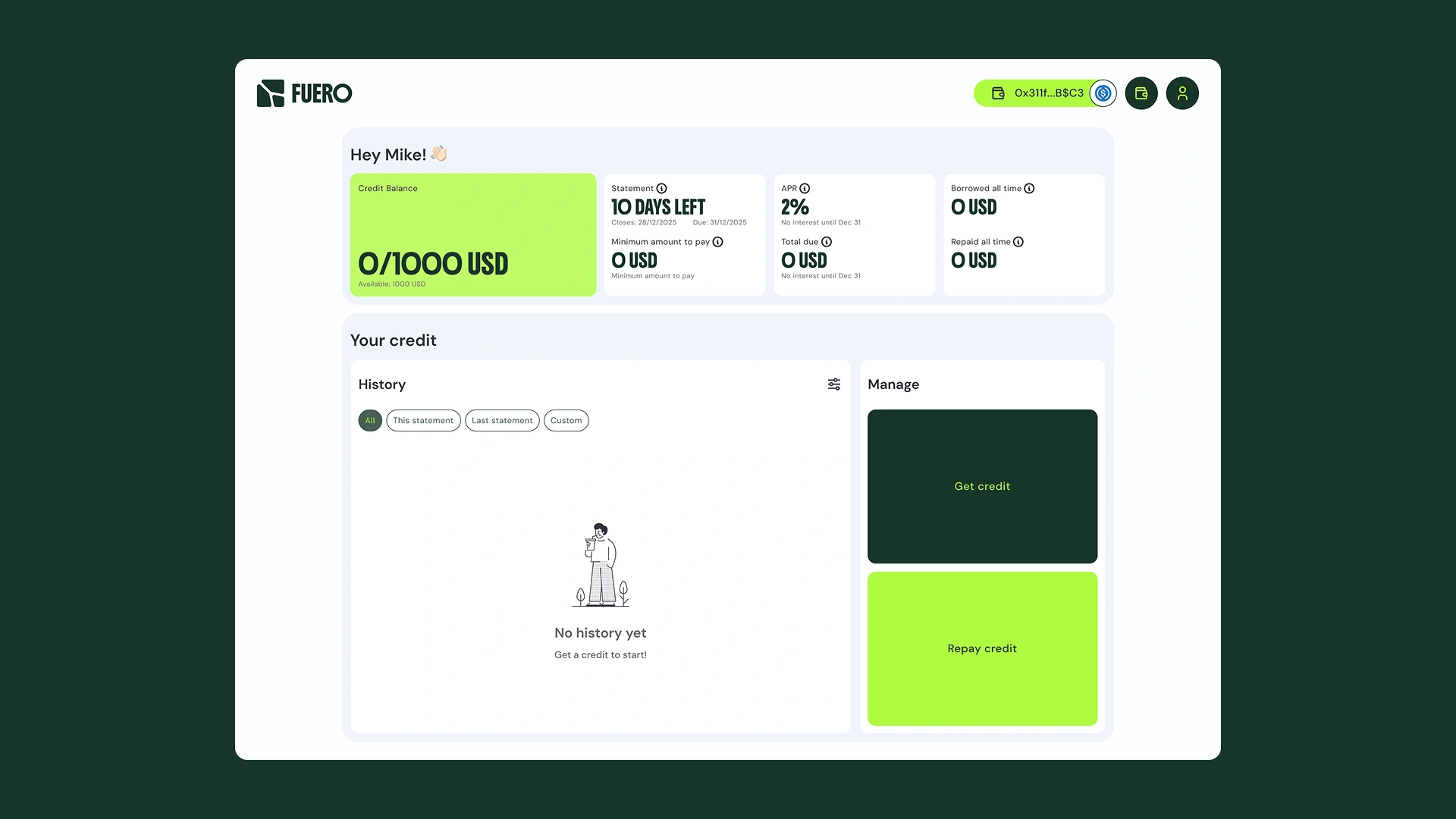 Account view: available credit, activity and actions.